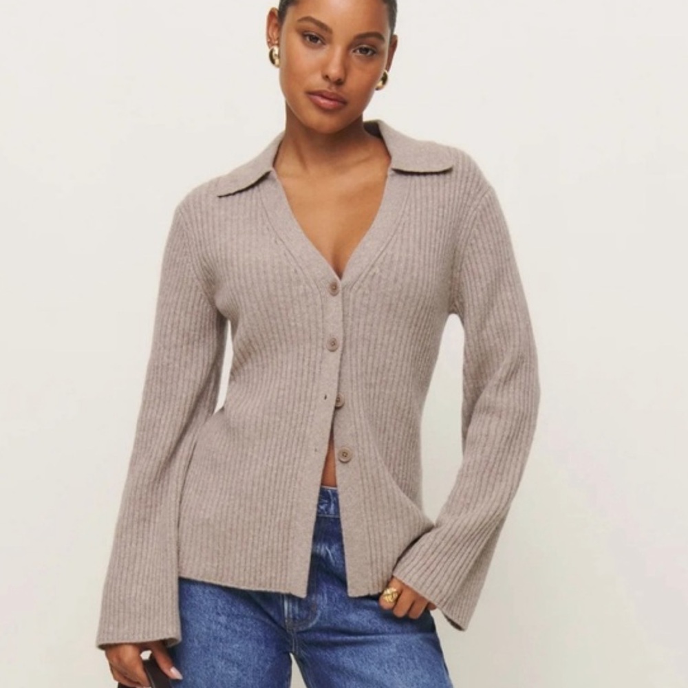 Reformation NEW Shea Cashmere Collared Cardigan in Toast - Picture 2 of 8